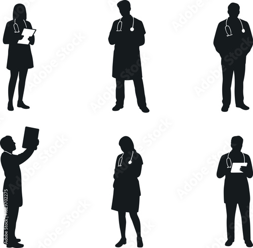 doctor, nurse, medical, healthcare, hospital, stethoscope, clipboard, labcoat, worker, chart, posture, attire, vector, graphic, silhouette, medical professional, healthcare worker, doctor pose, stetho