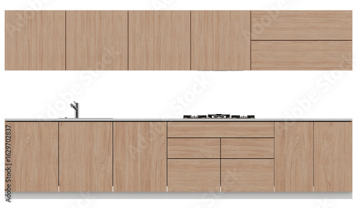 Front View of Contemporary Wooden Kitchen Cabinet Set with Sink and Stove – Transparent Background