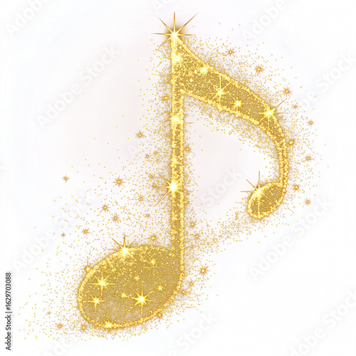 A golden musical note made of sparkling particles on a transparent background. The note is isolated and shines brightly, symbolizing music and creativity.