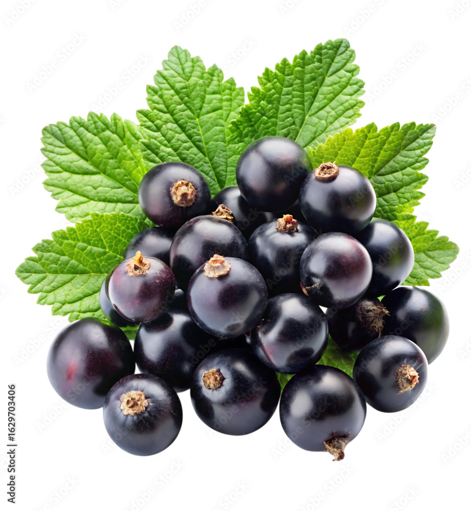 Fresh blackcurrants with green leaves isolated on transparent background Fresh blackcurrants with green leaves isolated on transparent background