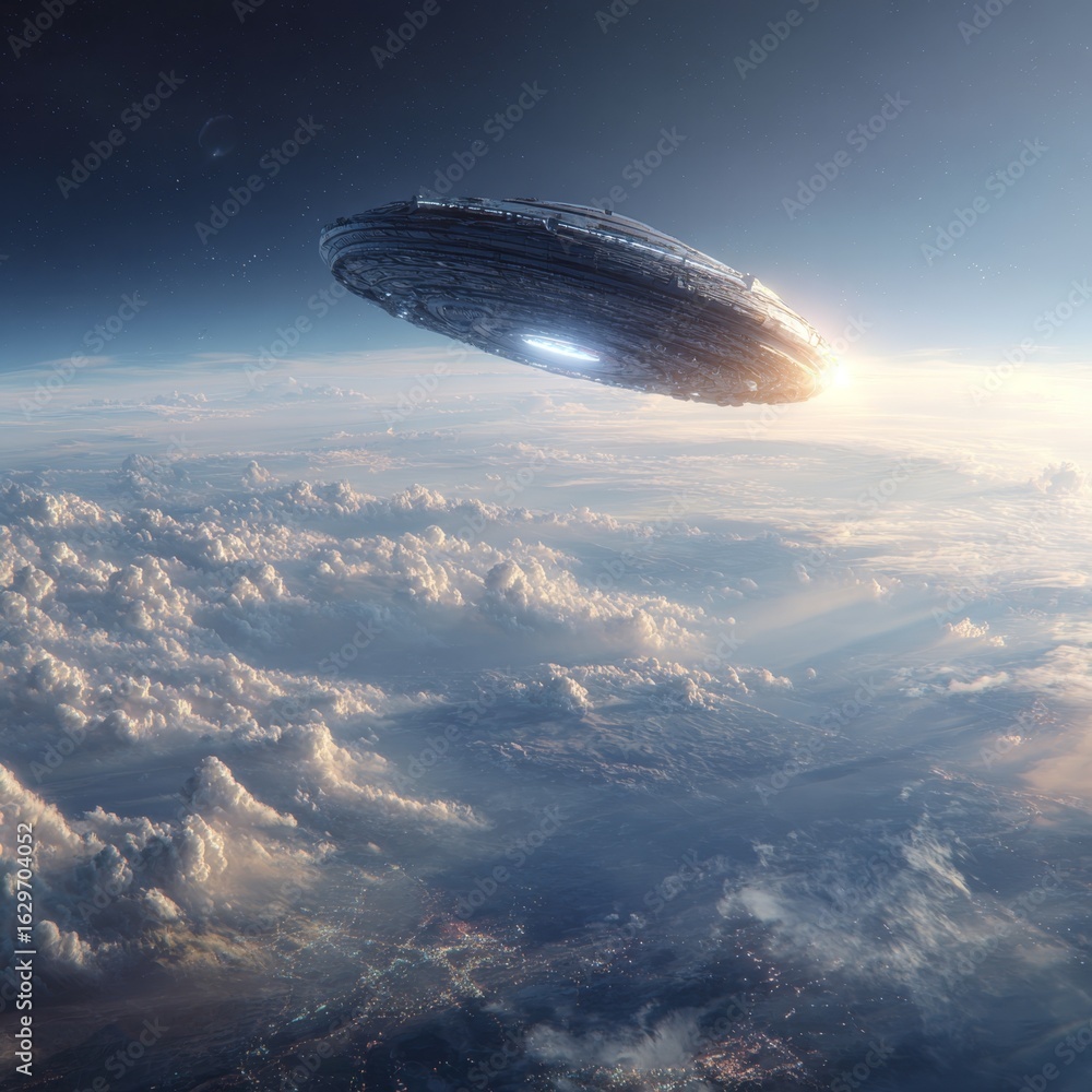 Fototapeta premium Futuristic spacecraft hovers above Earth through dense clouds at sunrise.