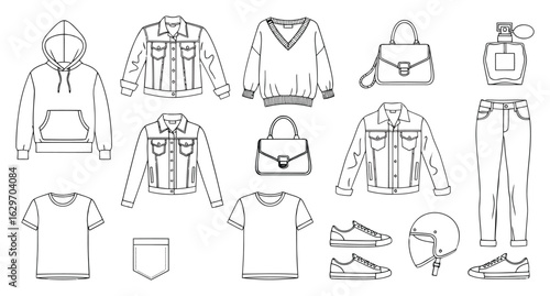 Collection of clothing and accessories line art fashion