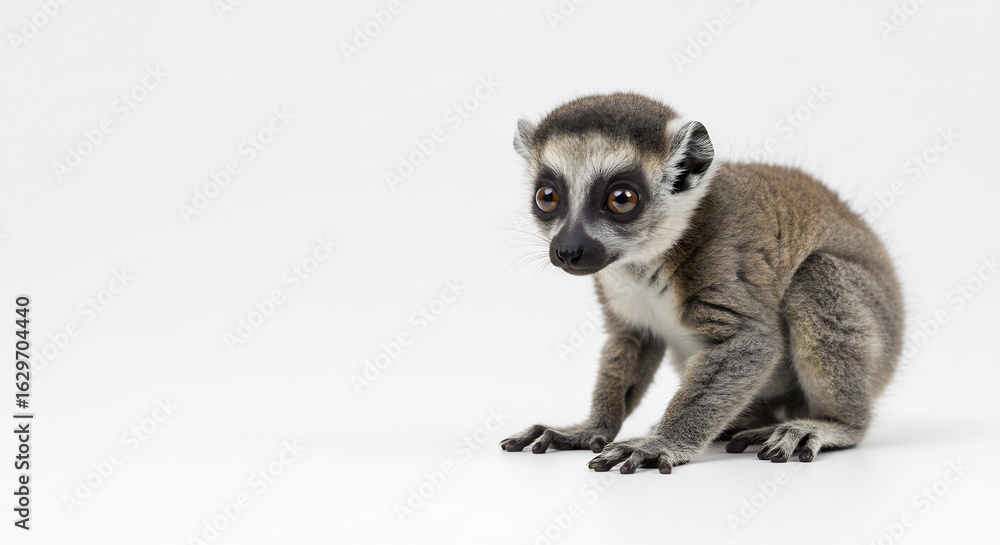 Obraz premium Adorable baby lemur sits quietly against a bright white background. AI Generated