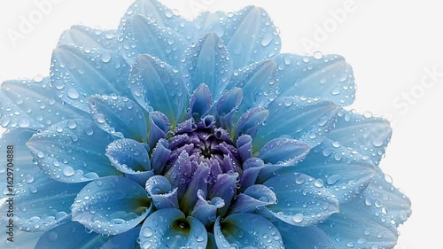 Closeup of a blue dahlia with water droplets covering its petals