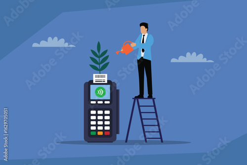 Growing a Business with Modern Payment Technology. Financial Growth. 2d flat vector illustration