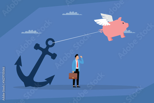 Businessman Holding onto an Anchor while a Piggy Bank with Wings Flies Away 2d flat vector illustration