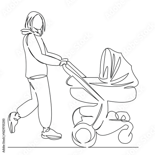 One continuous single drawing line art flat doodle parent, adult, people, child, mom, carriage, motherhood. Isolated image hand draw contour on a white background
