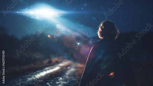 A person stands alone on a dark road at night, observing a glowing UFO hovering above. Light beams from the UFO illuminate the surrounding area, creating an eerie scene.