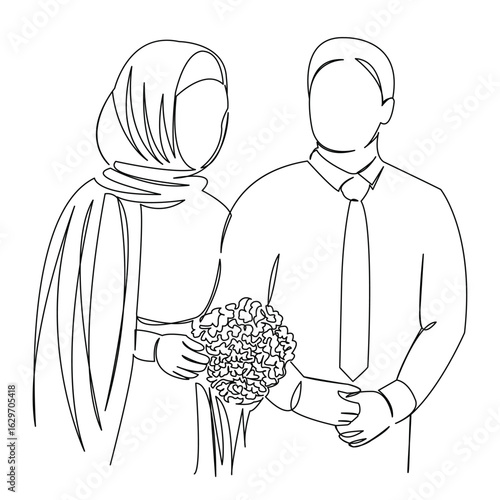 One continuous single drawing line art flat doodle single, people, couple, man, female, groom, muslim, married, wedding. Isolated image hand draw contour on a white background
