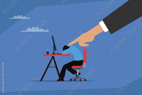 Giant Hand Pointing at a Stressed and Tired Businessman at His Desk 2d flat vector illustration