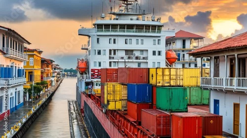 Cargo Ship Transiting Panama Canal at Sunset: Global Trade & Logistics