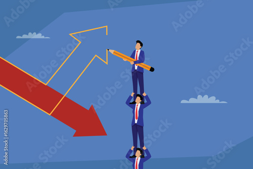 Team of Business People Drawing an Upward Arrow to Change a Downward Trend 2d flat vector illustration