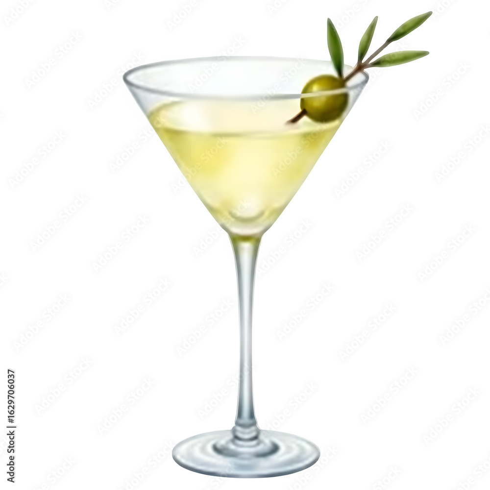 Martini glass filled with a cold, green alcoholic beverage with a lime and olive garnish, isolated on a white background Martini glass filled with a cold, green alcoholic beverage with a lime and olive garnish, isolated on a white background