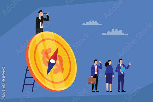 Business People Finding Direction and Strategy with a Giant Compass 2d flat vector illustration