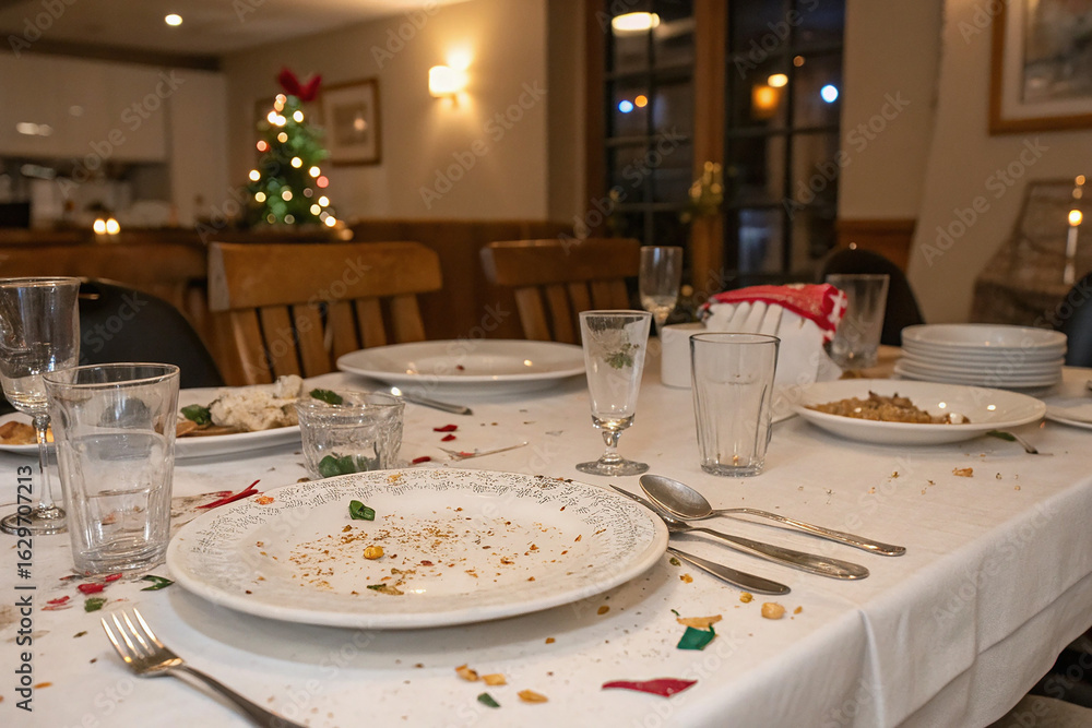 Fototapeta premium Messy Dinner Table After a Festive Meal, Featuring Empty Plates, Leftover Food Crumbs, Glasses, Condiments, and a Small Christmas Tree in the Background