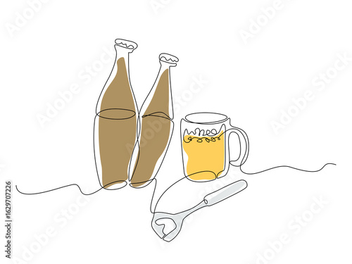 Minimal continuous one line drawing of two glass beer bottles, a beer mug filled with frothy beer, and a bottle opener lying in front. Simple vector style, Editable stroke