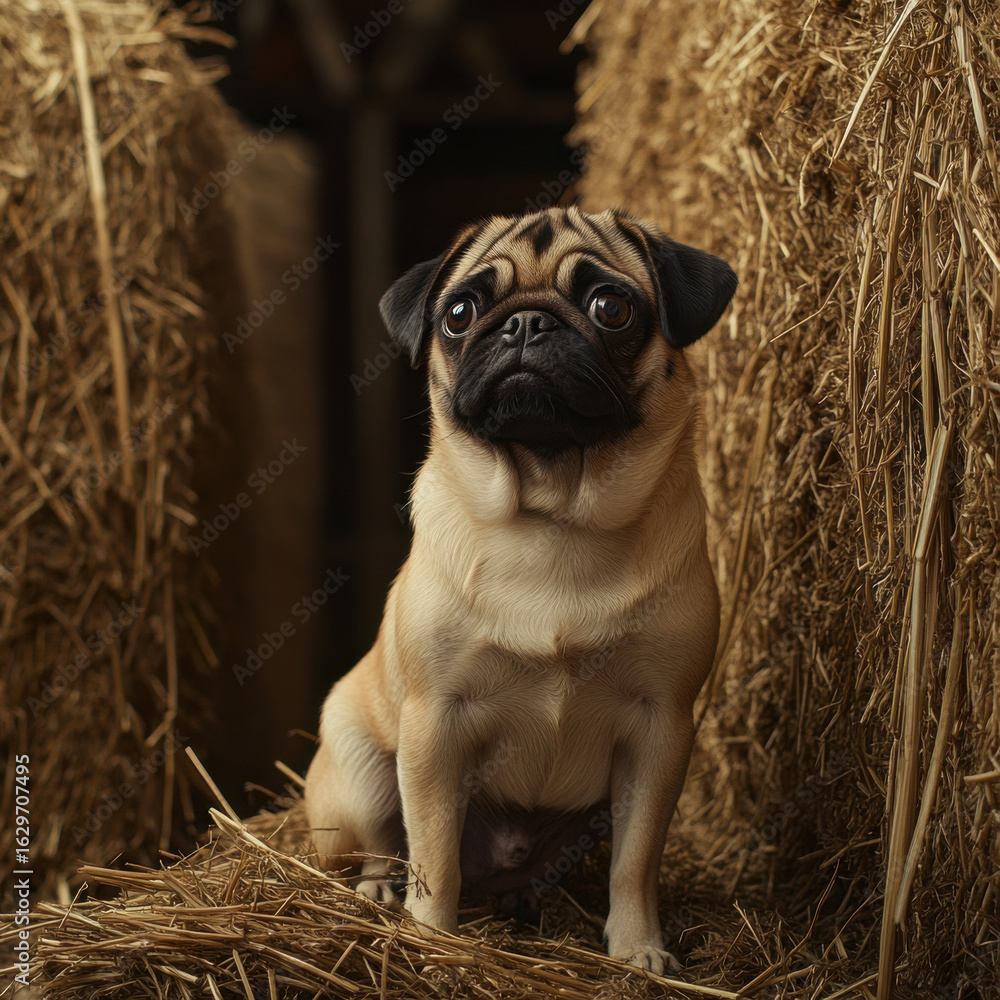 Obraz premium Pug exploring a rustic farm, sitting beside a bale of hay, charming countryside feel, ultra-detailed, UHD 8K 