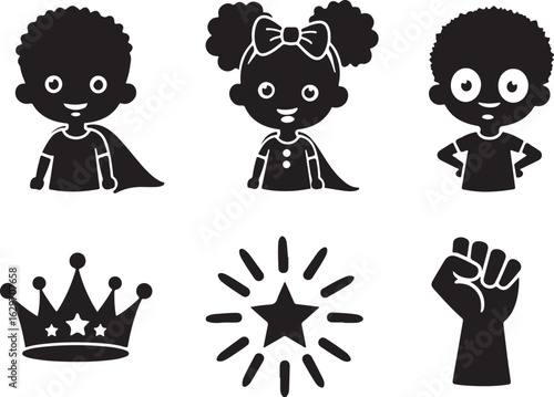 Black kids celebrate achievements with crowns, stars, and fists raised