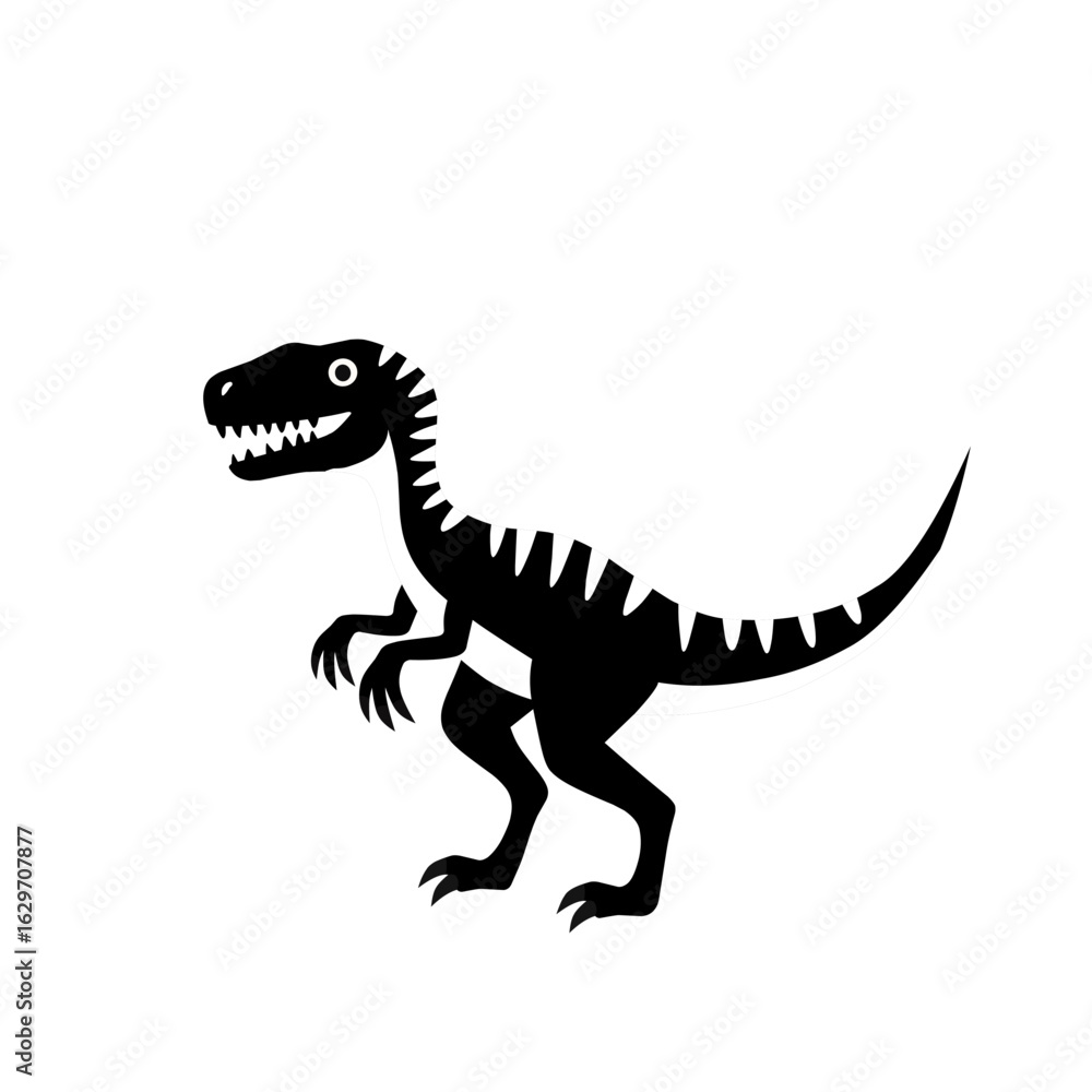 Fototapeta premium Black and white cartoon Velociraptor dinosaur illustration with claws and sharp teeth. Bold silhouette design for prehistoric themes, kids’ graphics, or stickers