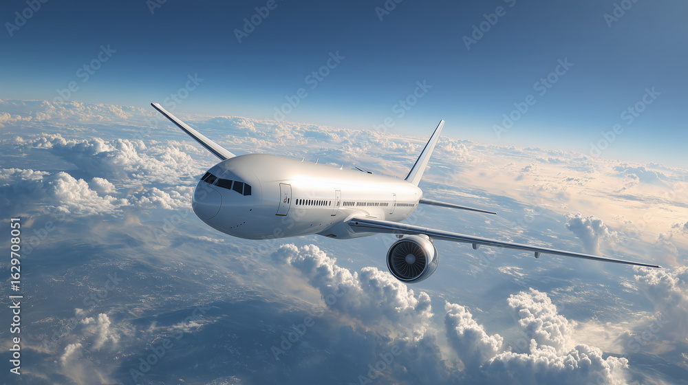 Obraz premium A commercial passenger jet is cruising at high altitude above the clouds, with sunlight reflecting off its fuselage. The aircraft's sleek design is highlighted against a clear sky.