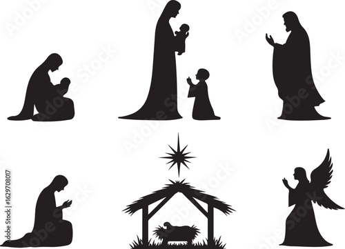 Nativity scene silhouettes with star and angel for Christmas