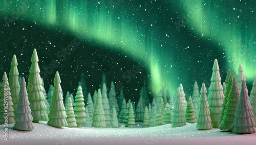 A winter wonderland,  glowing with an aurora borealis