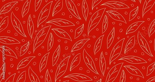 4K background of hand-drawn leaves and berries on a bold red background. Elegant botanical design perfect for fabric, packaging, and wallpaper.