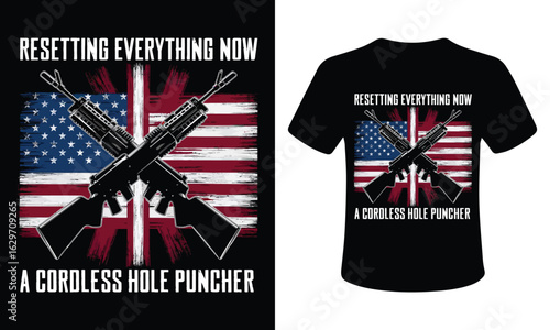 American flag with crossed rifles and text design for t shirt isolated on white background