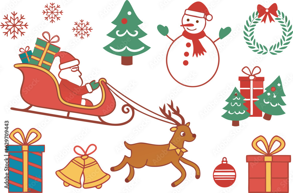 Naklejka premium Christmas icons featuring santa claus snowman reindeer and gifts