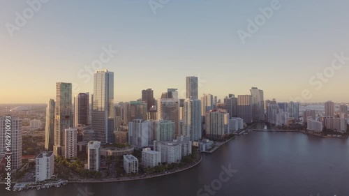 Wallpaper Mural Establishing aerial view of Miami Brickell downtown skyline at sunset, featuring waterfront areas and modern urban architecture Torontodigital.ca