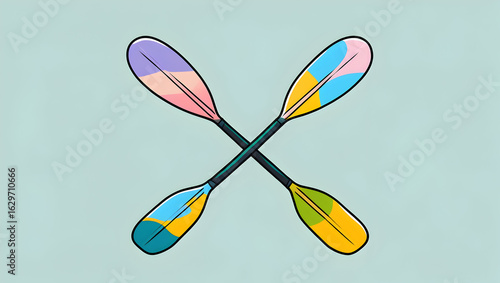 Sport Equipment Two crossed kayak paddles in pastel color scheme, flat vector style, stylized design for modern branding or sport app interfaces (3)