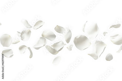 Delicate white rose petals falling against a stark black background