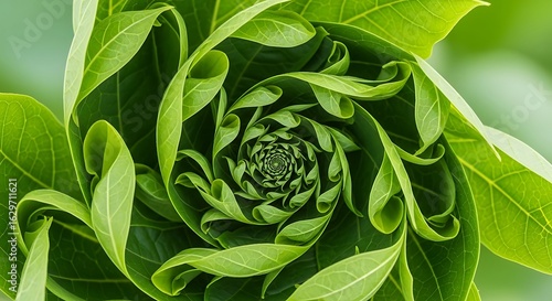 Close up of vibrant green leaves unfurling in a perfect fibonacci spiral pattern