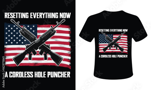 American flag with crossed rifles and text design for t shirts isolated on white background