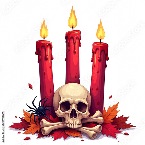 Halloween burning candles with bones, spiders, leaves and skulls around
