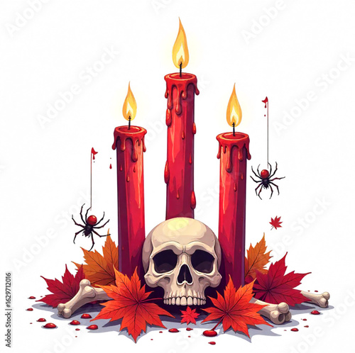 Halloween burning candles with bones, spiders, leaves and skulls around