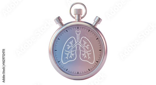Isolated 3D Render of a Metallic Stopwatch with a Lungs Icon on its Face, Representing Respiratory Health and Time-Sensitive Medical Concepts
