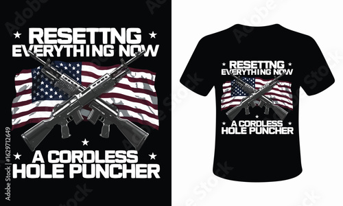 Patriotic t shirt design featuring crossed rifles and american flag isolated on white background