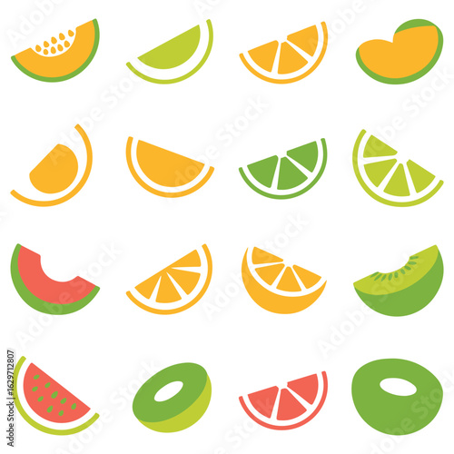 Collection of colorful flat design citrus fruit slices and melon wedges on a white background