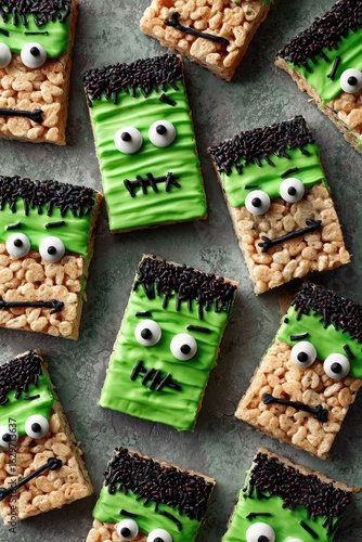 Halloween Rice Krispie Treats decorated as Frankenstein monsters
