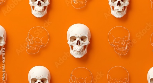 White skulls arranged on an orange background with outlined skull patterns