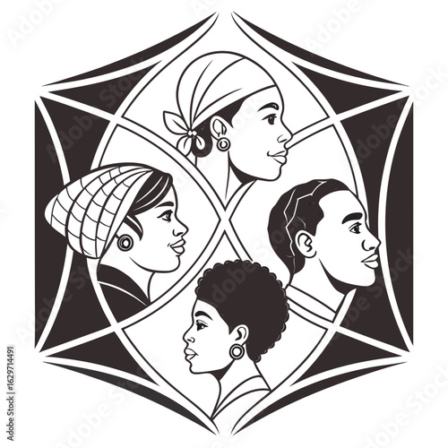 Diverse group of people with different hairstyles and head coverings in a geometric design