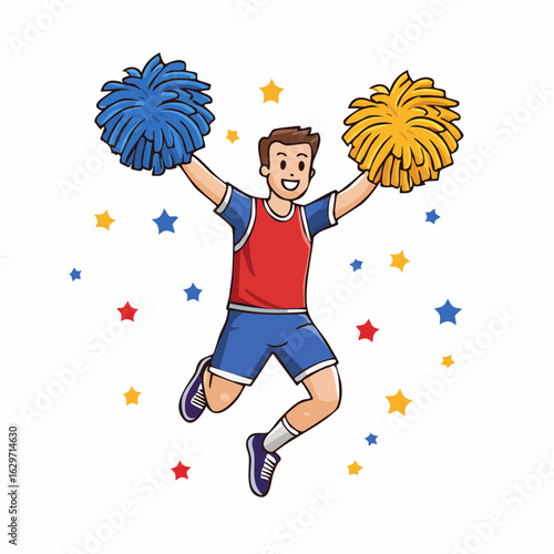 Cheerleader's Cheer: A spirited cheerleader, radiating energy, jumps joyfully, pom-poms raised high, surrounded by playful stars, embodying enthusiasm and team spirit.