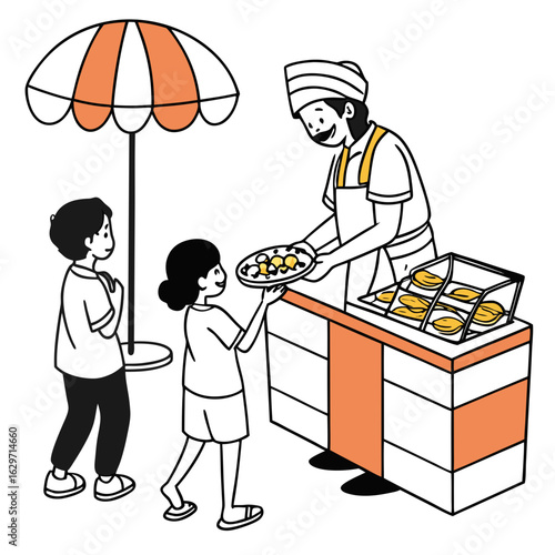 Friendly vendor serves food to children at an outdoor stall under a striped umbrella