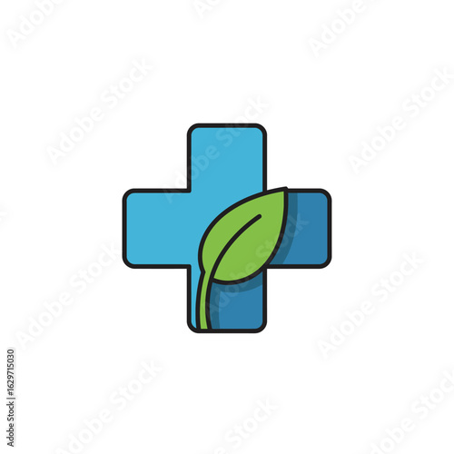 Holistic Health and Natural Medicine Logo Concept. Blue medical plus symbol with a green leaf illustration.