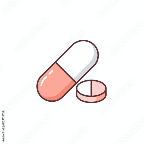 Vector illustration of a medical capsule and pill. A flat line icon representing pharmaceuticals, treatment, and healthcare.