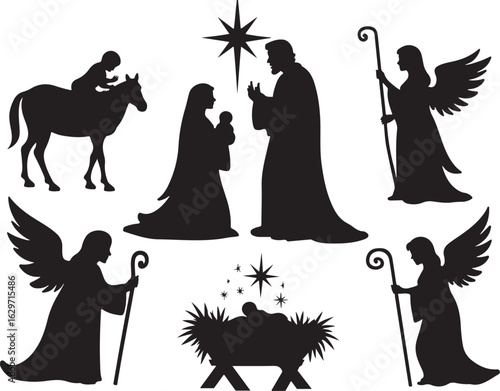Nativity scene silhouettes with angels, star, and stable