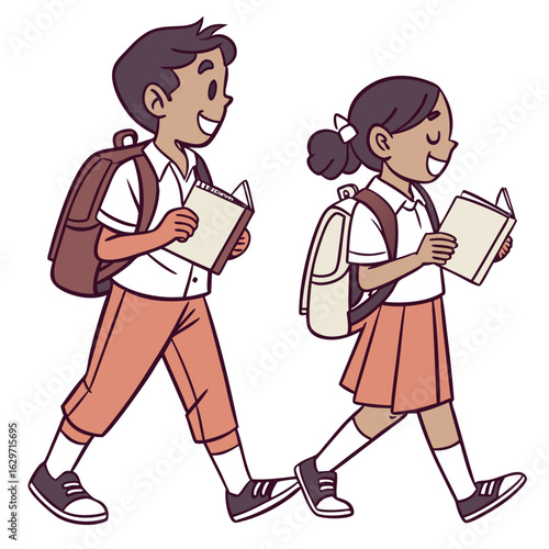Two smiling children with backpacks and books walking together on a white background