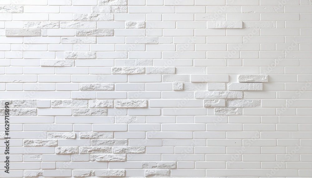 Fototapeta premium Panoramic white brick wall seamless background with light concrete texture and horizontal tile layout.