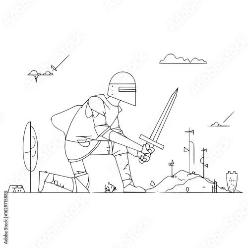 Line drawing of a knight kneeling with a sword in a field with a castle and clouds in the background